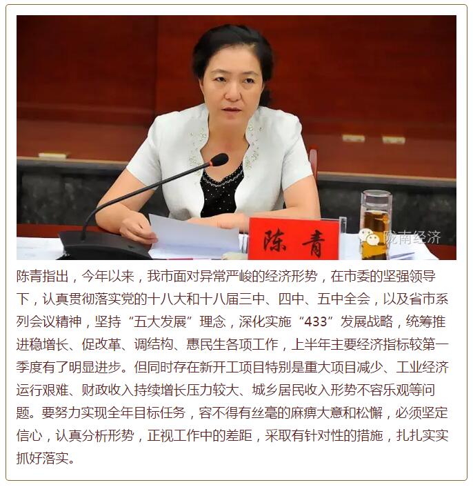 陳青在市政府全體會議上強(qiáng)調(diào)：緊盯一個(gè)目標(biāo)抓好九大任務(wù)落實(shí)強(qiáng)化三項(xiàng)保障，確保全市經(jīng)濟(jì)社會持續(xù)快速發(fā)展